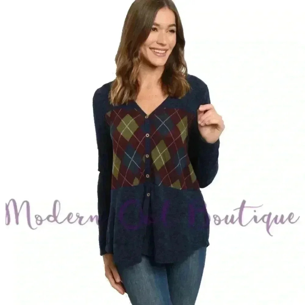 Navy Argyle Printed Top